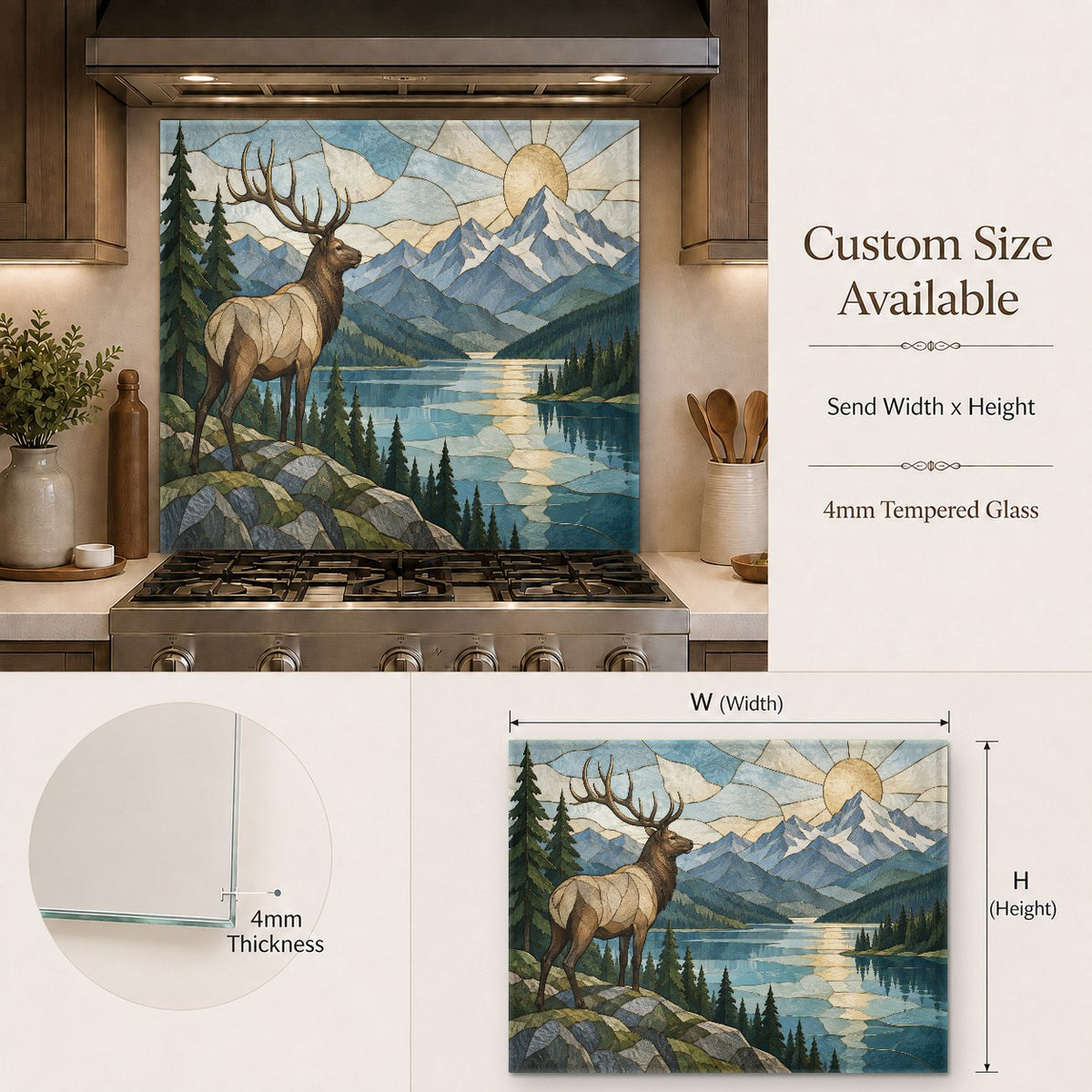 Kitchen island stove area highlighted by a beautiful Elk River tempered glass backsplash panel.