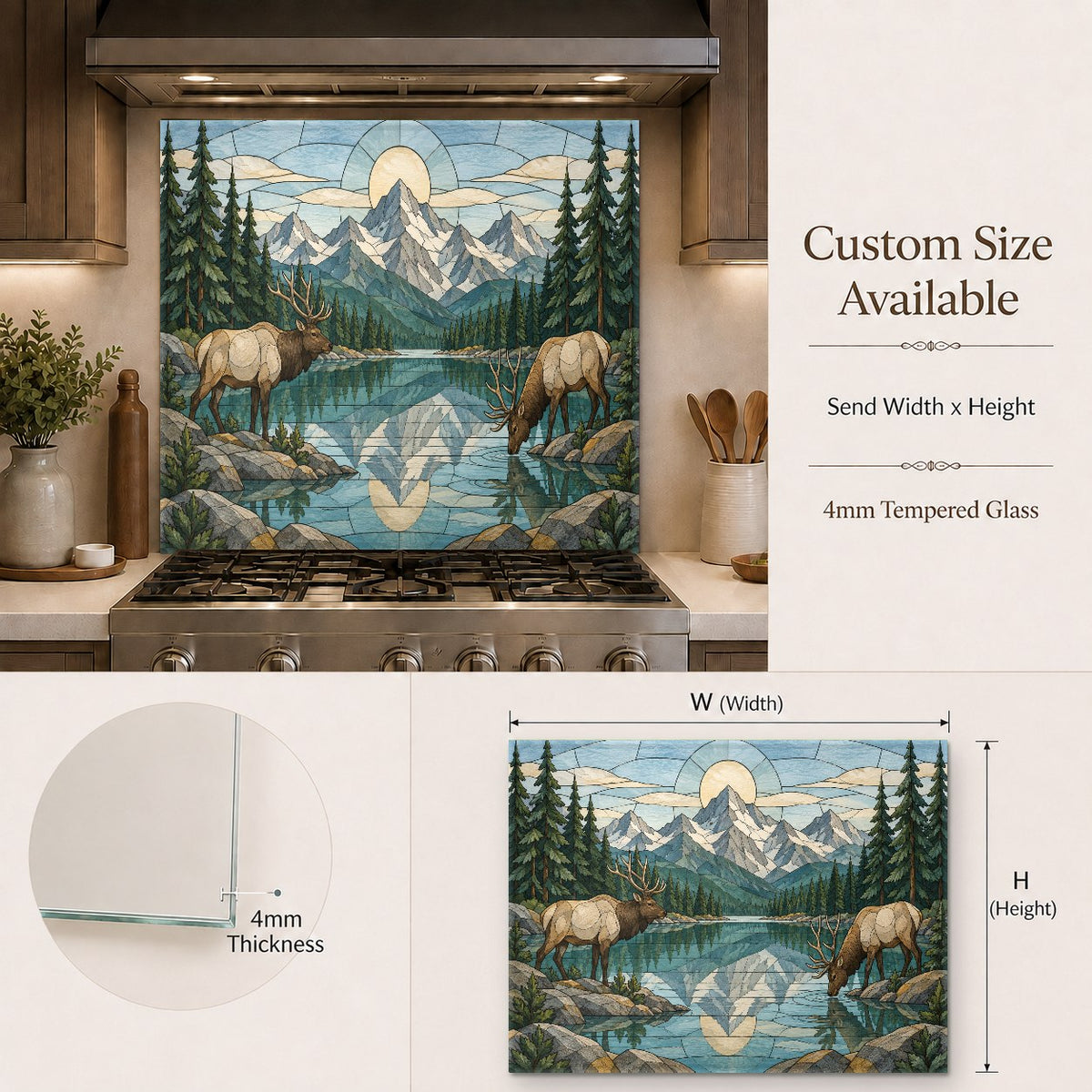 Cabin lodge-style kitchen island showcasing a deer and river glass backsplash panel as a decorative divider.