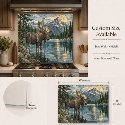 Nature themed glass backsplash panel installed in a luxury home bar area
