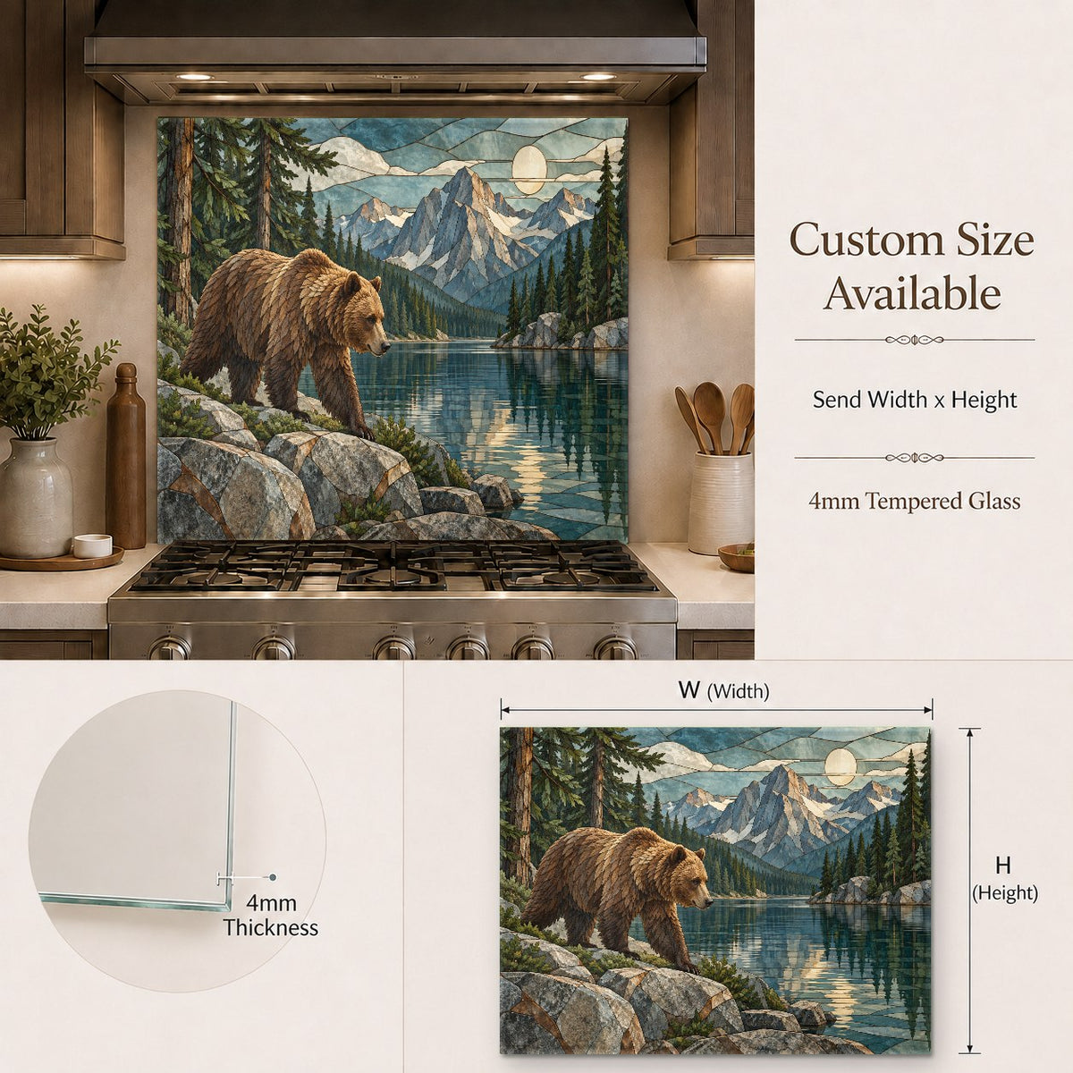 Durable heat-resistant glass backsplash featuring a mountain bear design mounted on a light gray tile kitchen wall.