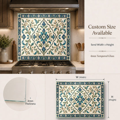 Hygienic and grout-free tile print glass backsplash panel installed in a modern farmhouse style kitchen.