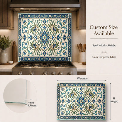 Custom glass backsplash panel installed over a kitchen island cooking station