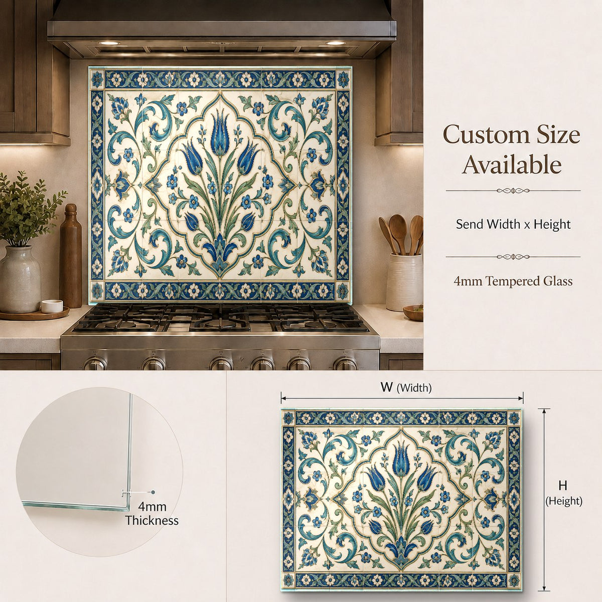 Anatolian tile print glass splash guard protecting kitchen wall behind range hood