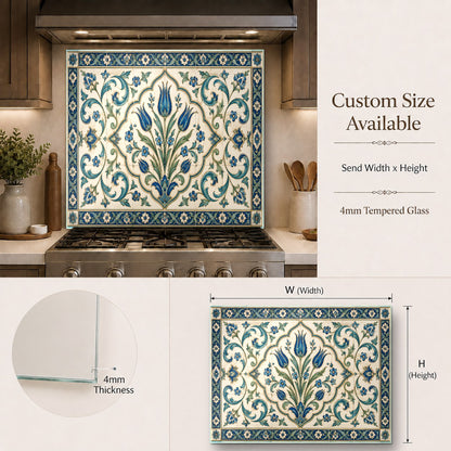 Anatolian tile print glass splash guard protecting kitchen wall behind range hood