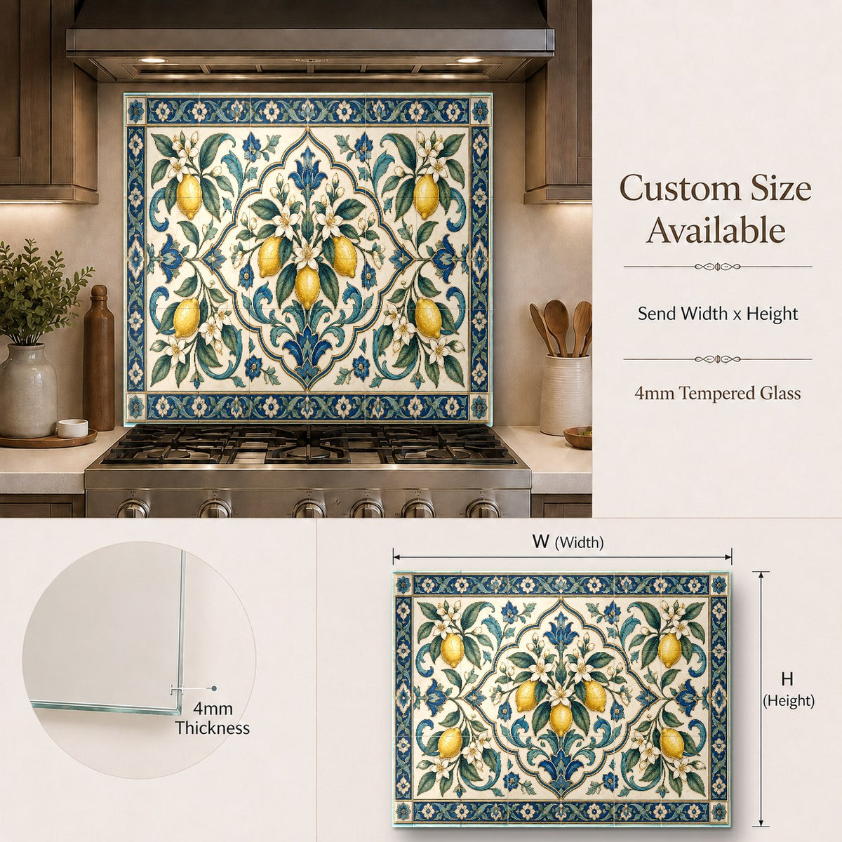 Mediterranean lemon themed tempered glass backsplash in a home bar area
