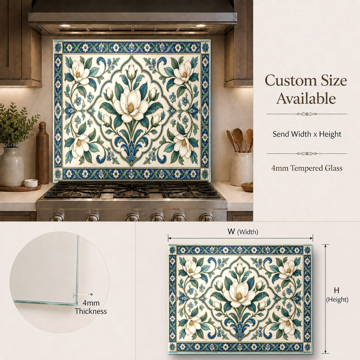 Mediterranean tile pattern glass backsplash behind a stainless steel range
