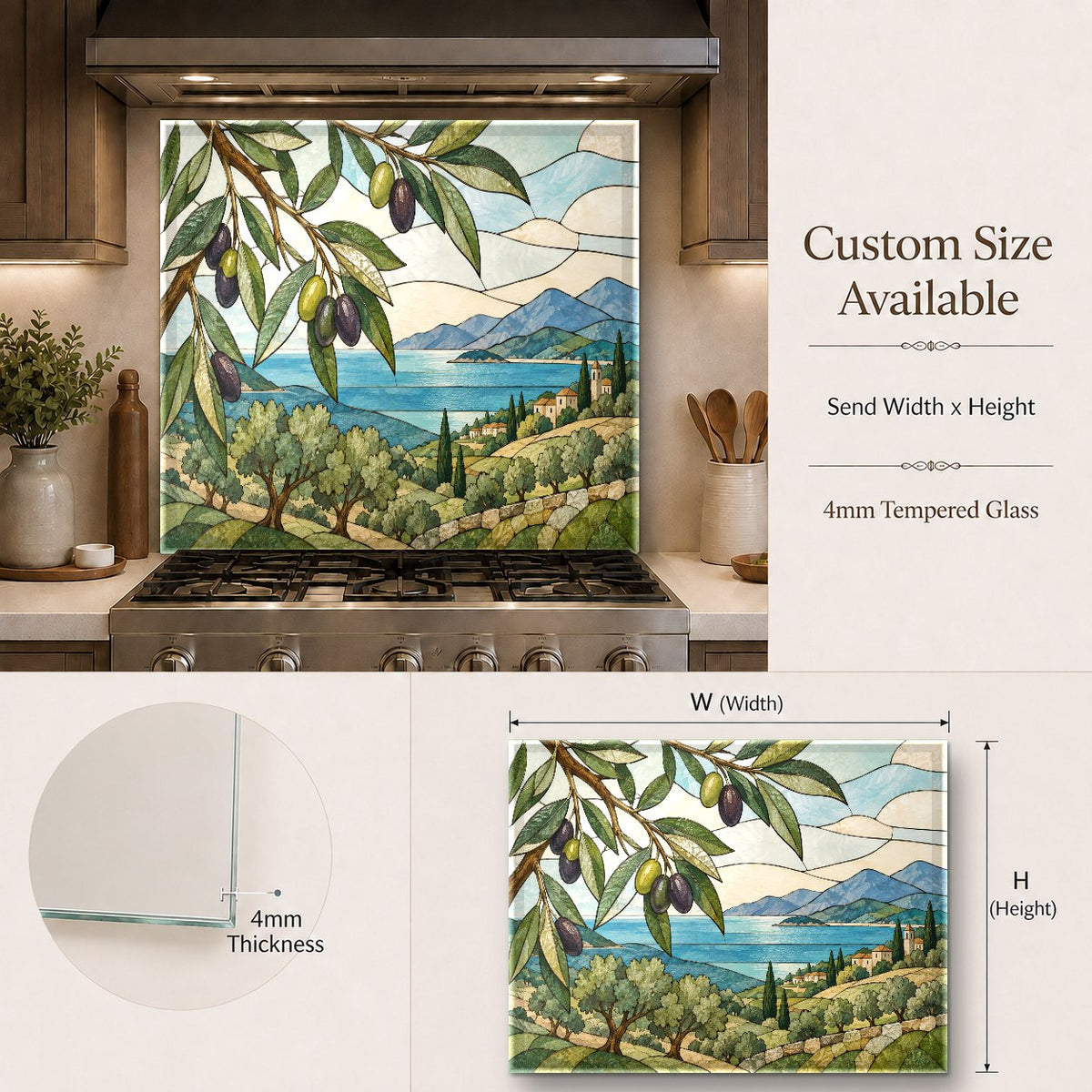 Olive green botanical kitchen glass backsplash behind a stainless steel range