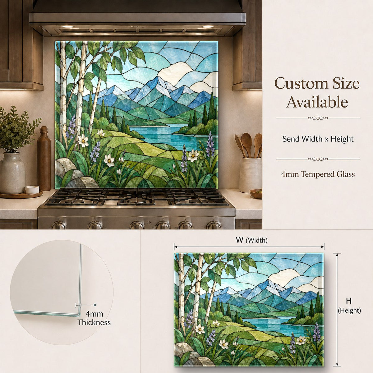 Nature Stained tempered glass backsplash behind a home bar sink area