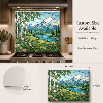 Nature Stained tempered glass backsplash behind a home bar sink area