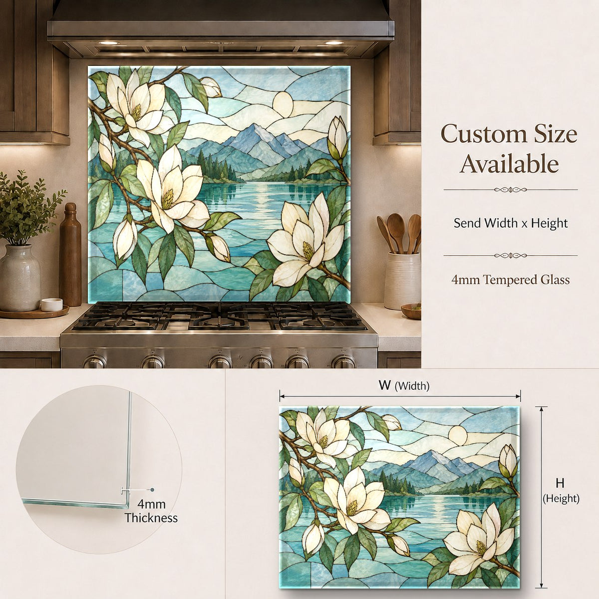 Stained glass style kitchen backsplash behind a stainless steel range