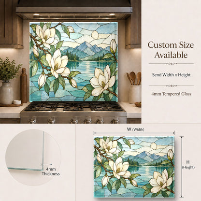 Stained glass style kitchen backsplash behind a stainless steel range