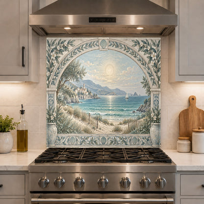 Elegant coastal archway print on a glossy glass kitchen backsplash panel above a cooktop in an open-concept kitchen.