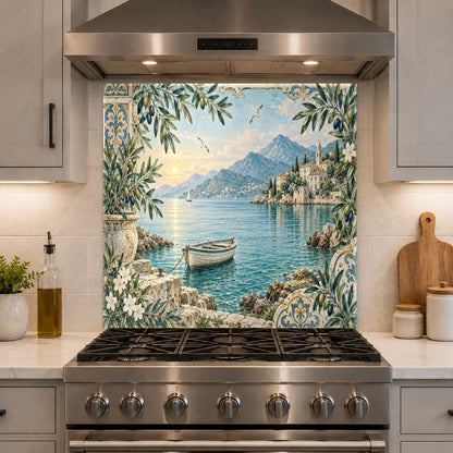 Close-up of tempered glass backsplash featuring a weathered rowboat on calm blue harbor water.