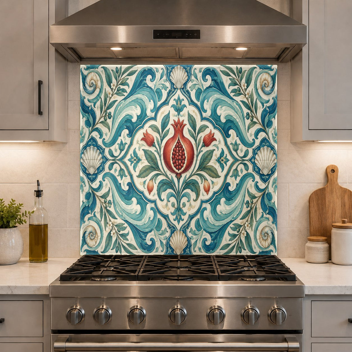 Heat resistant glass kitchen backsplash panel reflecting light in a modern kitchen