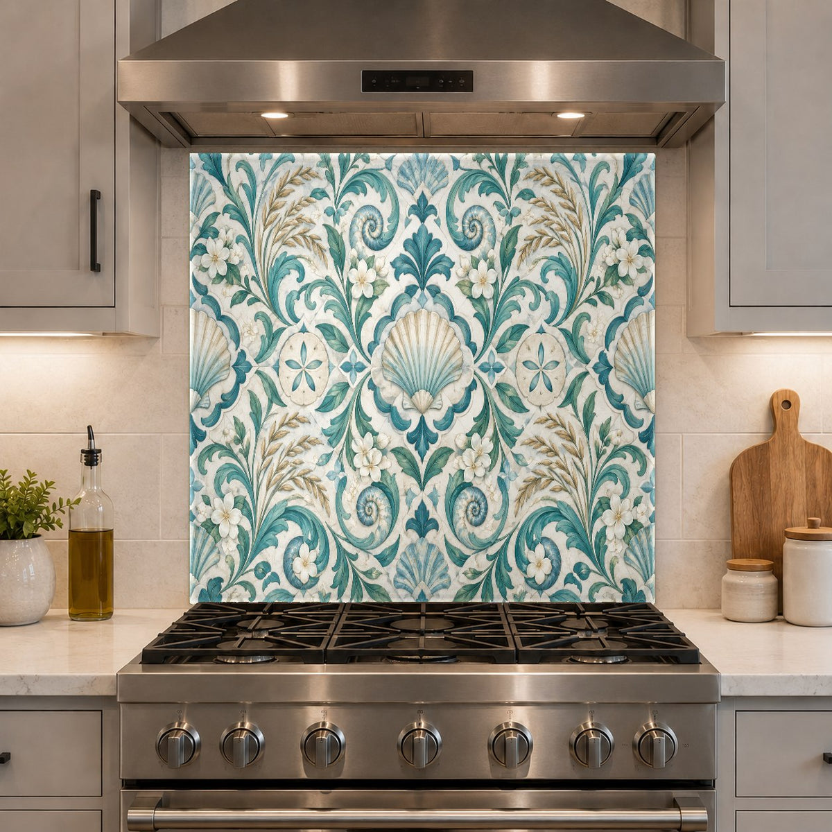 Luxurious beachhouse kitchen with a durable seashell damask glass panel behind a professional range.