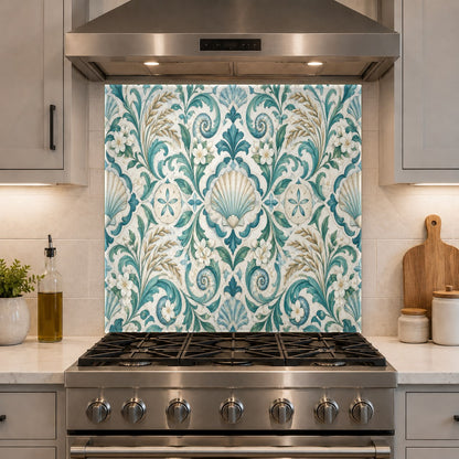 Luxurious beachhouse kitchen with a durable seashell damask glass panel behind a professional range.