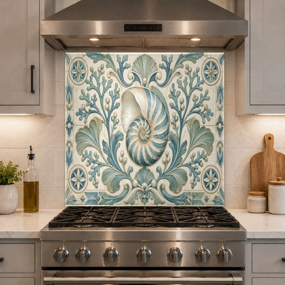 Elegant bar area accented with a modern nautilus spiral tempered glass backsplash panel.