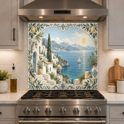 Tempered glass splash guard with Amalfi terrace ocean view behind a high-end range.
