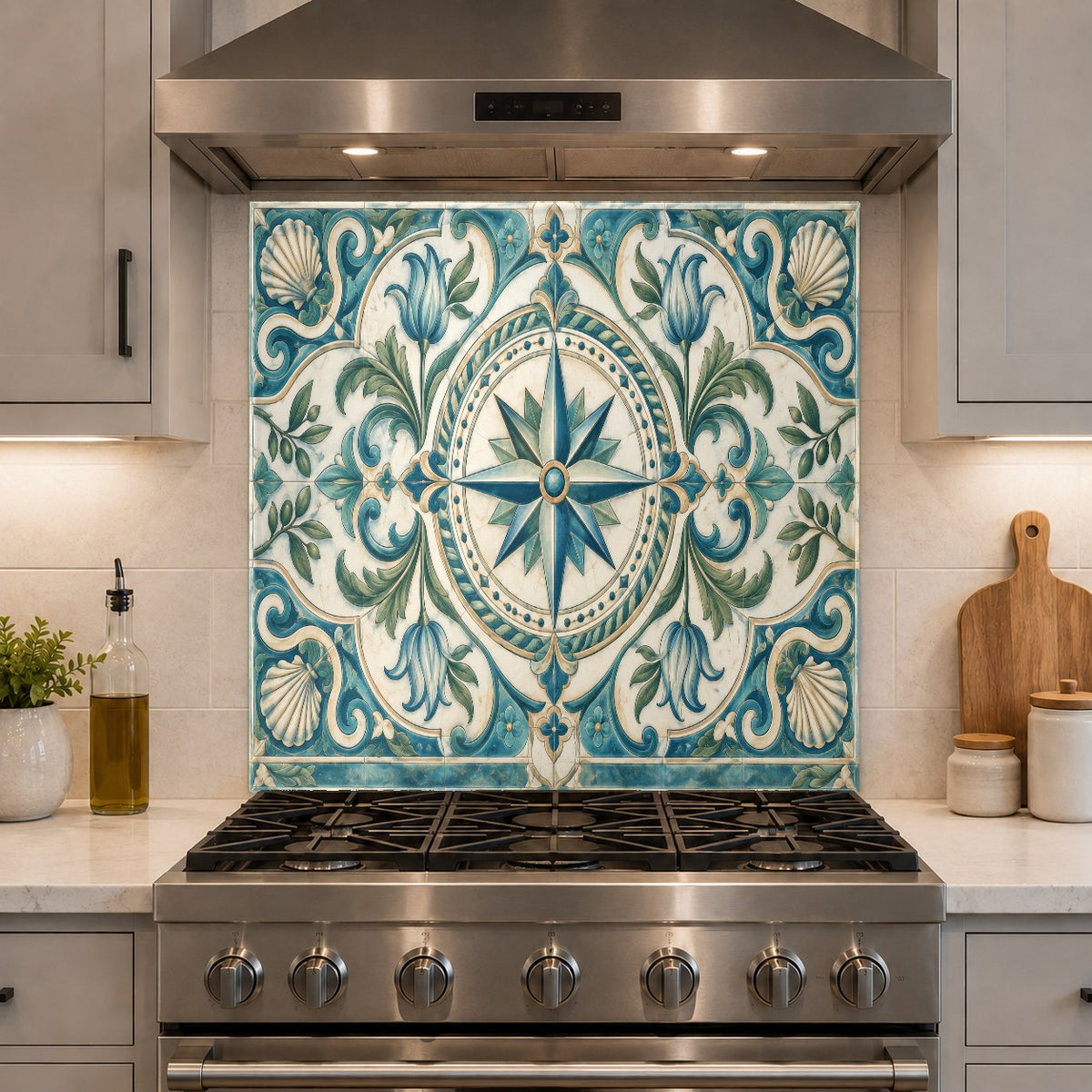 Compass rose tempered glass backsplash adding a maritime accent to a modern kitchen bar and prep area.