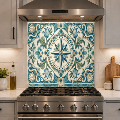Compass rose tempered glass backsplash adding a maritime accent to a modern kitchen bar and prep area.