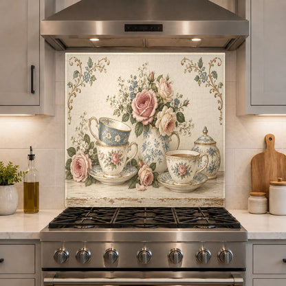 Rose Teacups glass splash guard installed in a bright country kitchen
