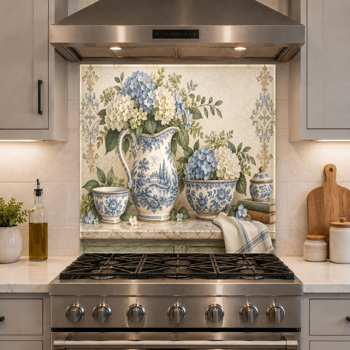 Floral glass backsplash installed in a bright country-style kitchen bar area