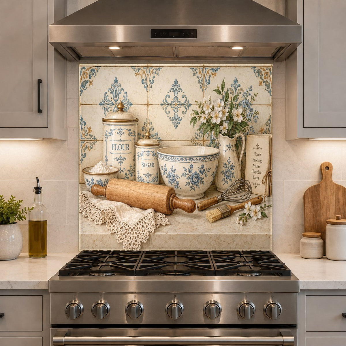 Baking Canisters tempered glass backsplash panel in a rustic kitchen setting