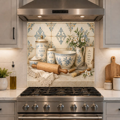Baking Canisters tempered glass backsplash panel in a rustic kitchen setting