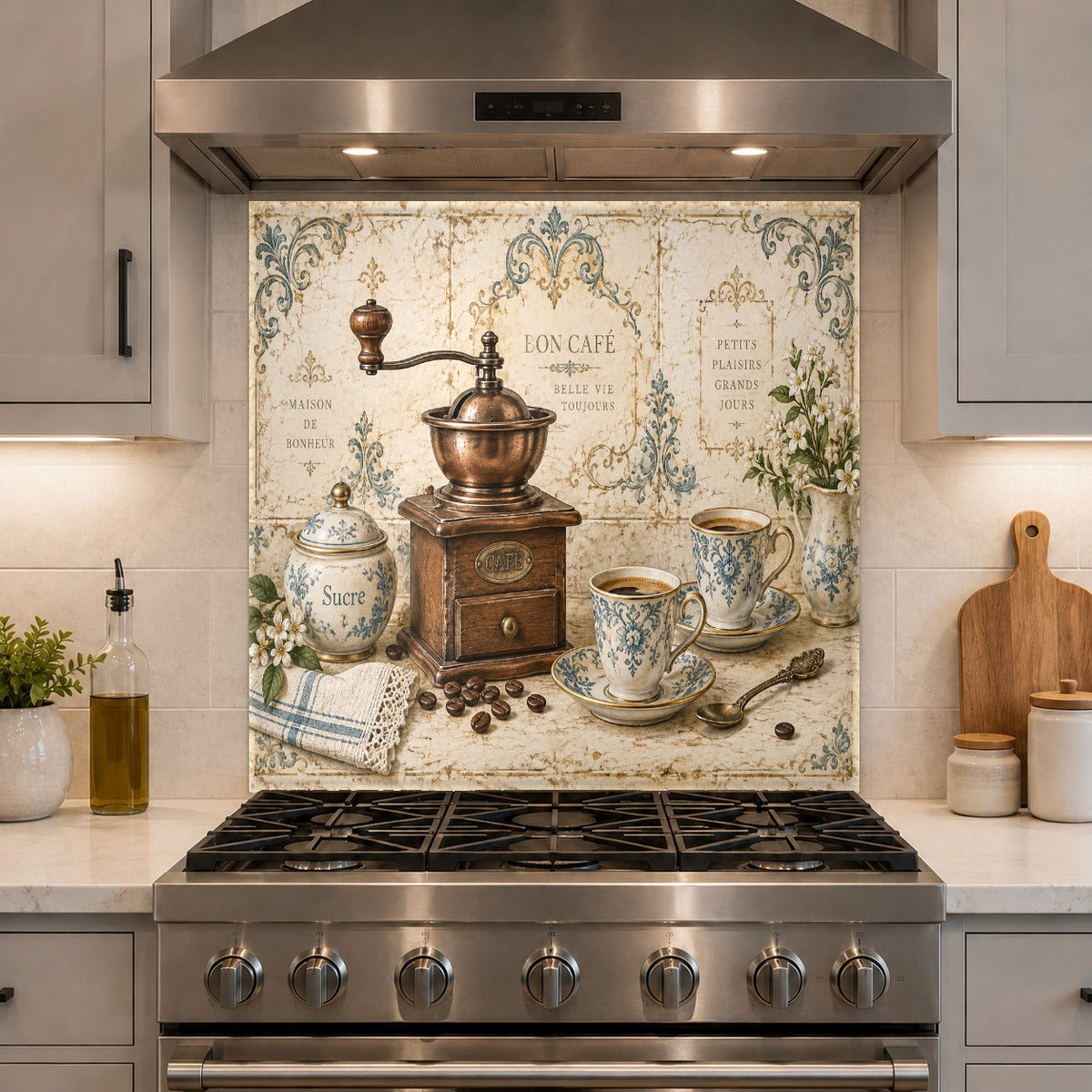 Tempered glass kitchen backsplash with coffee grinder design behind the main sink