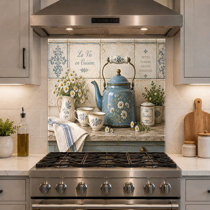 Farmhouse daisy kettle glass backsplash panel on kitchen accent wall