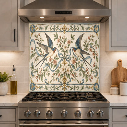 Swallow Ribbon designer kitchen glass backsplash in a luxury home bar area