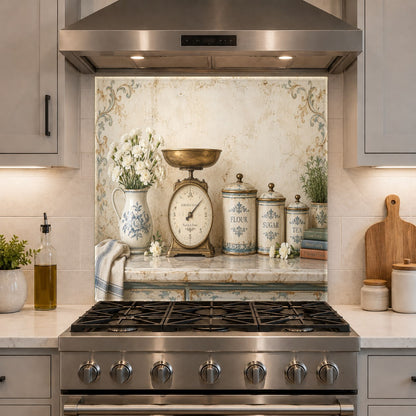 Culinary themed glass backsplash installed in a modern coffee bar area