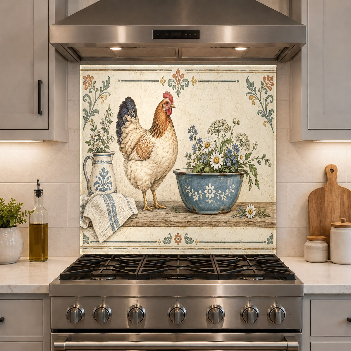 Tempered glass kitchen backsplash with rustic hen design over a food prep island
