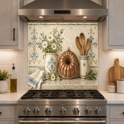 Seamless glass kitchen backsplash panel with metallic copper look