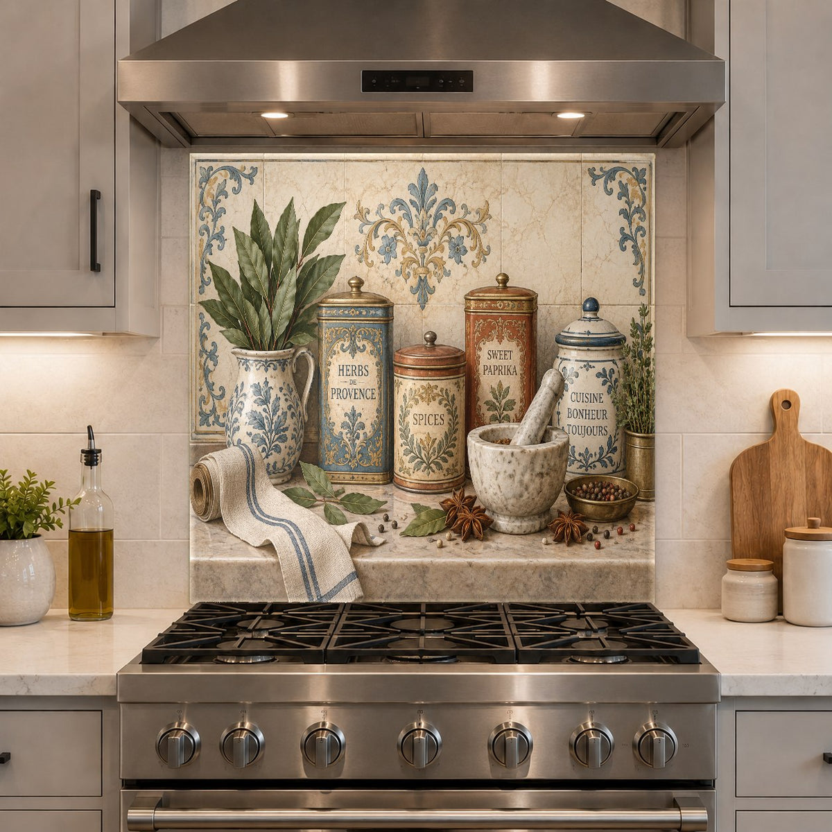 Provence Spices glass backsplash in a bright modern home bar area