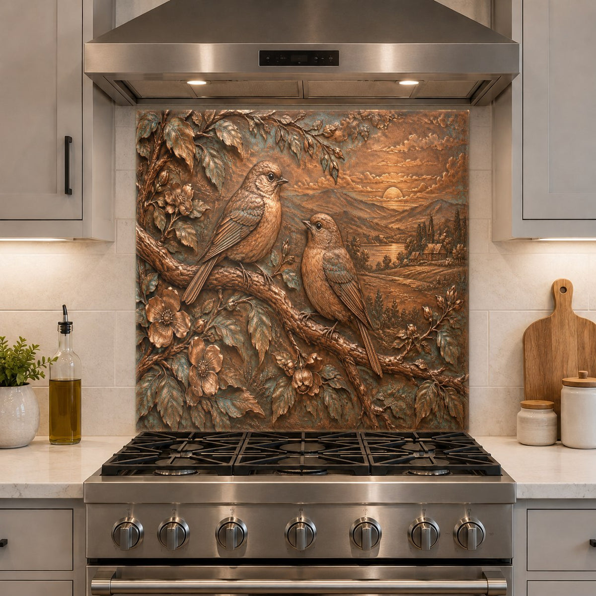 Tempered glass kitchen backsplash with songbird branch design behind a prep island