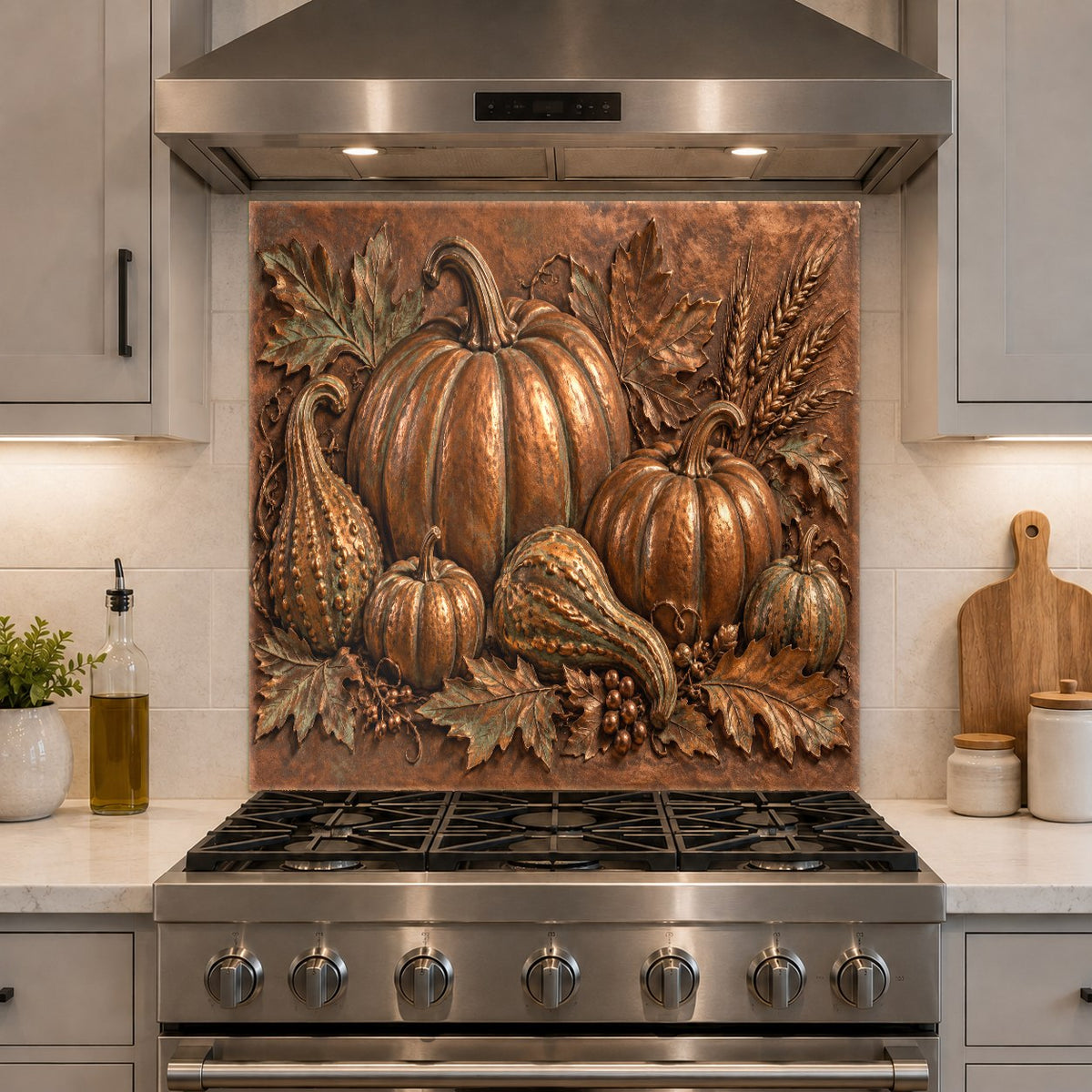 Heat-resistant glass kitchen backsplash featuring seasonal fall pumpkins behind a range