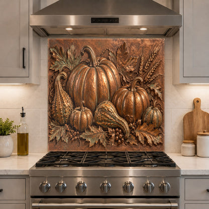 Heat-resistant glass kitchen backsplash featuring seasonal fall pumpkins behind a range
