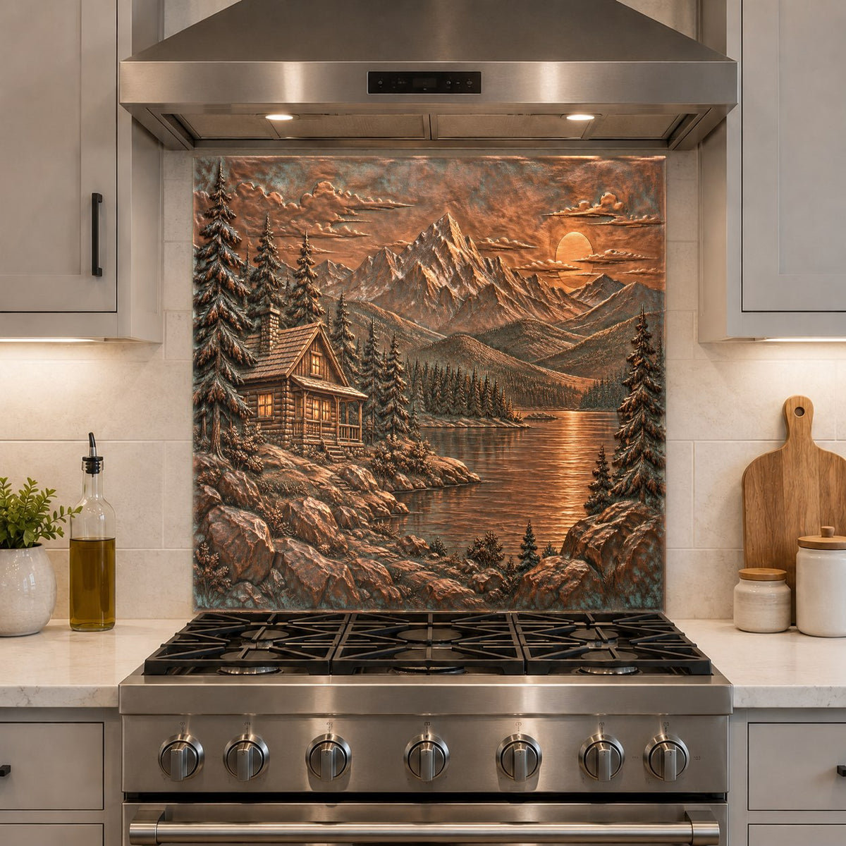 Scenic forest cabin glass backsplash panel placed behind a stainless steel range