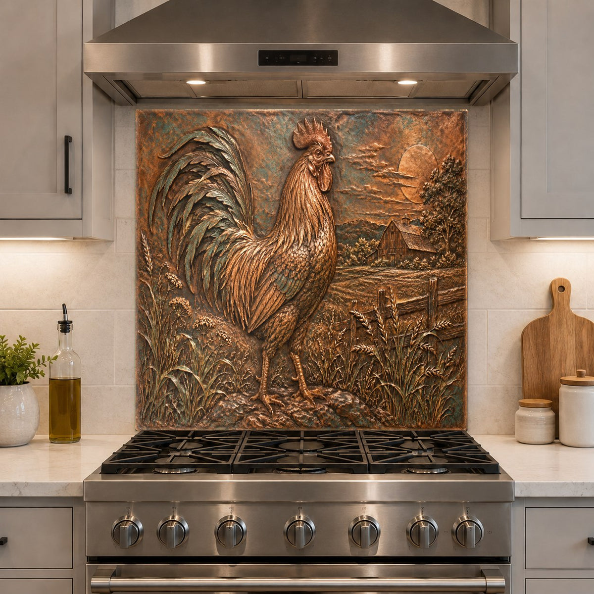 Tempered glass kitchen backsplash featuring a farm scene behind a busy food prep counter
