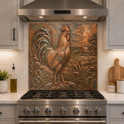 Tempered glass kitchen backsplash featuring a farm scene behind a busy food prep counter