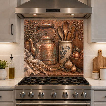 Seamless tempered glass backsplash with a copper kettle motif behind a kitchen sink