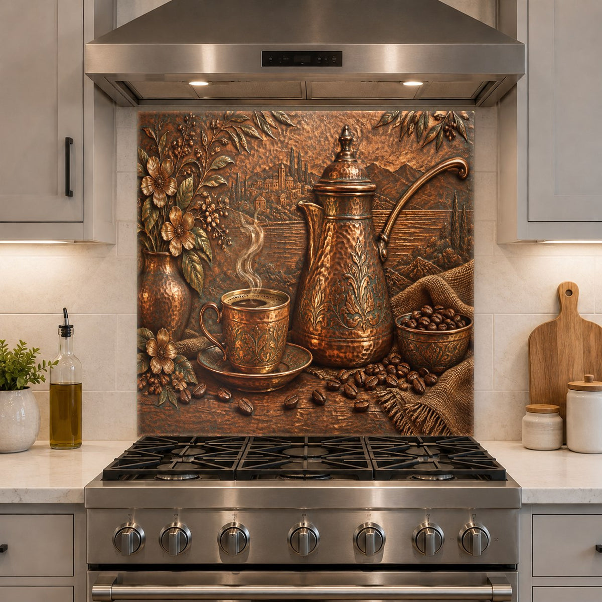 Tempered glass kitchen backsplash panel featuring a coffee cezve design behind a range