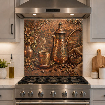 Tempered glass kitchen backsplash panel featuring a coffee cezve design behind a range