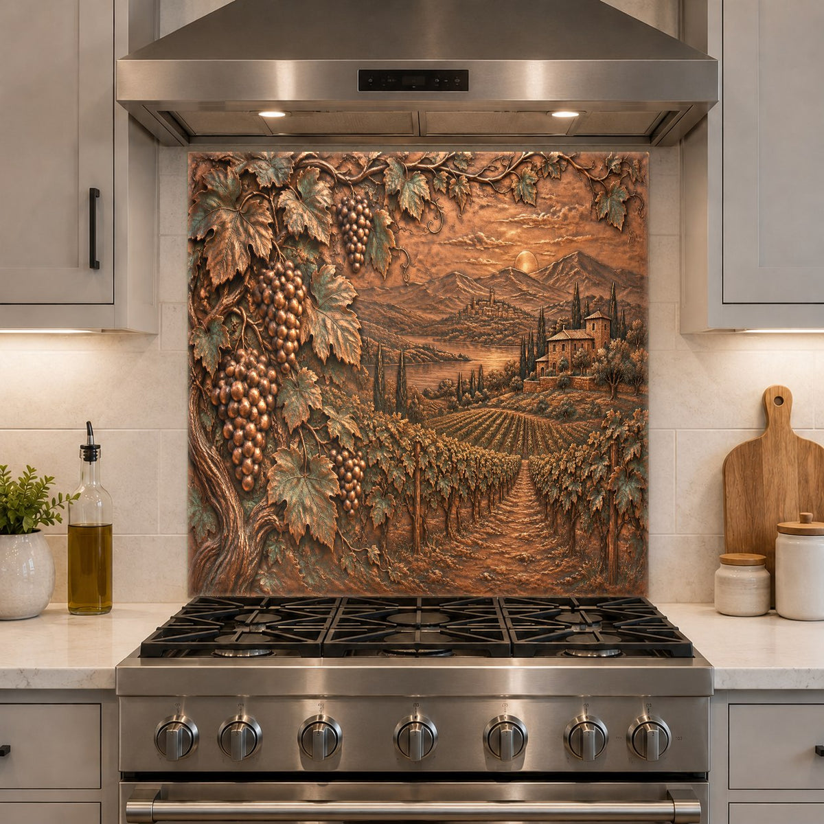 Tempered glass backsplash with grape vines installed in a kitchen island cooking area