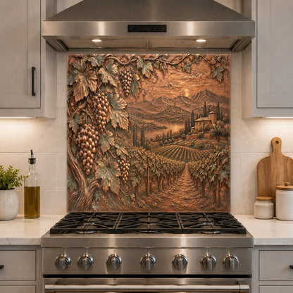 Tempered glass backsplash with grape vines installed in a kitchen island cooking area