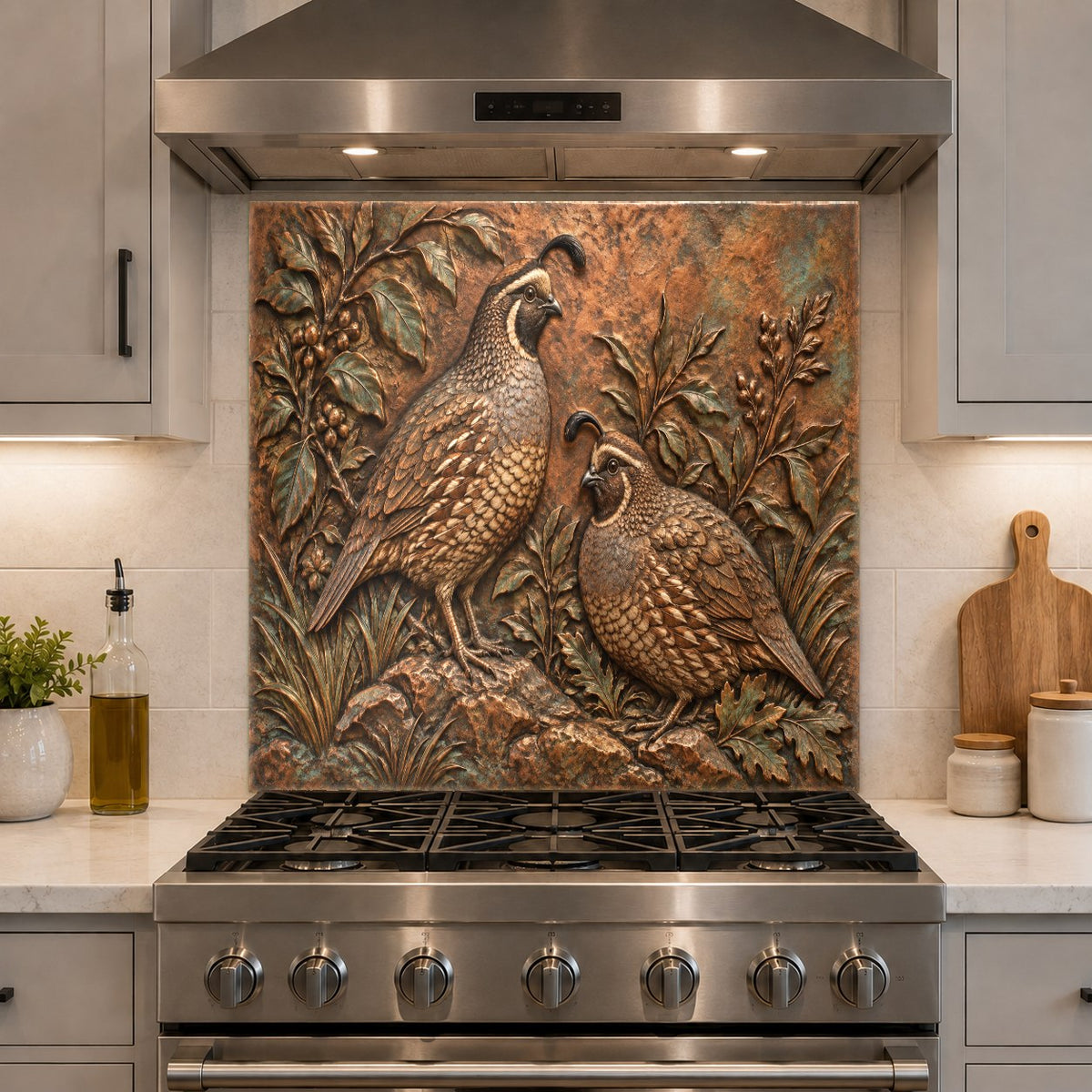 Nature design tempered glass backsplash installed in a rustic kitchen