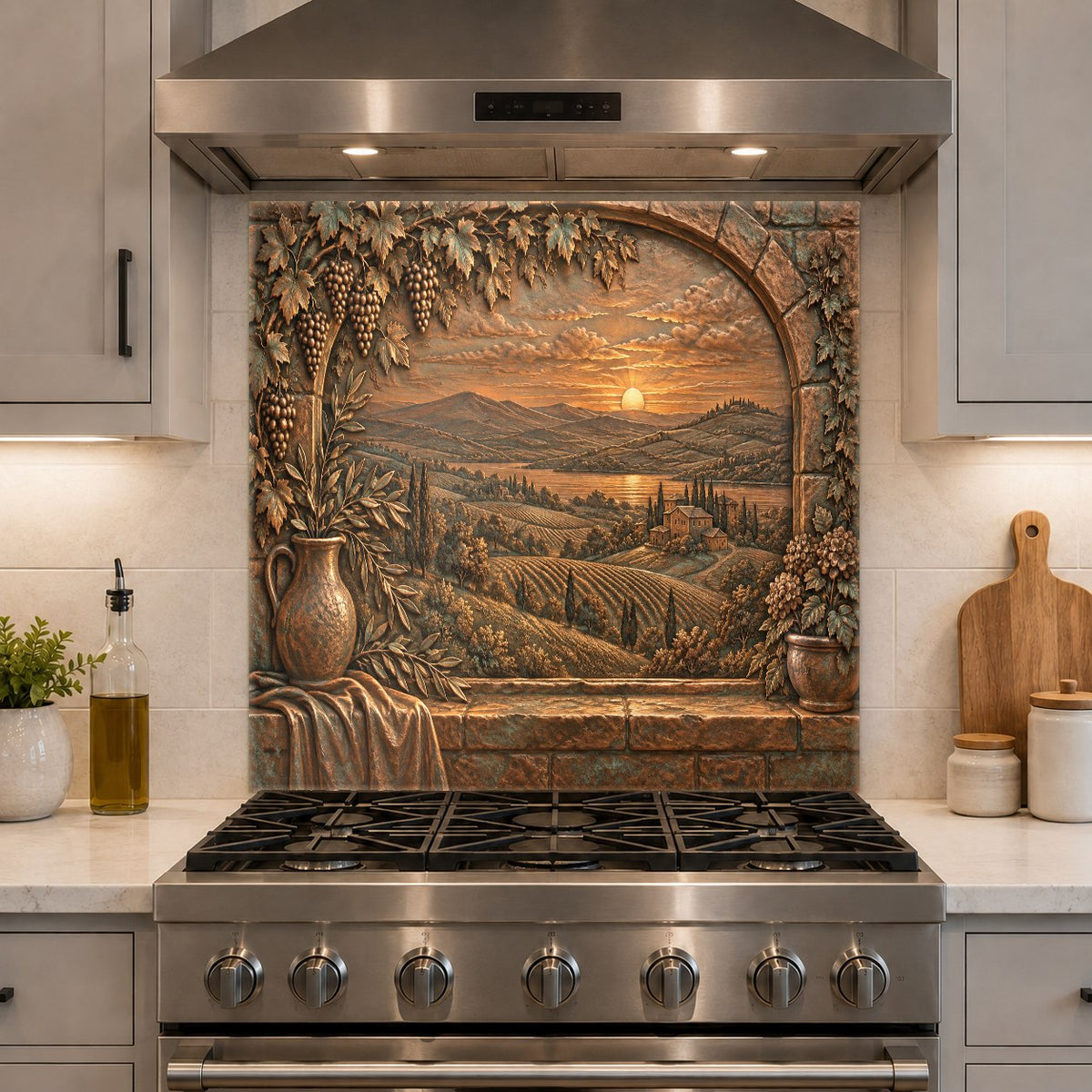 Tempered glass kitchen backsplash featuring a Tuscan archway behind an electric cooktop