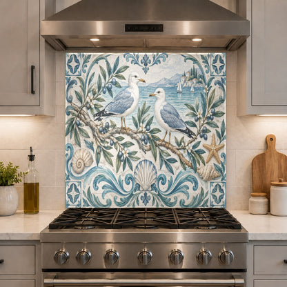 High-gloss glass backsplash panel protecting the wall behind a coffee bar area