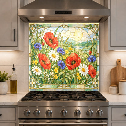 Tempered glass kitchen backsplash with poppy meadow design in a luxury home